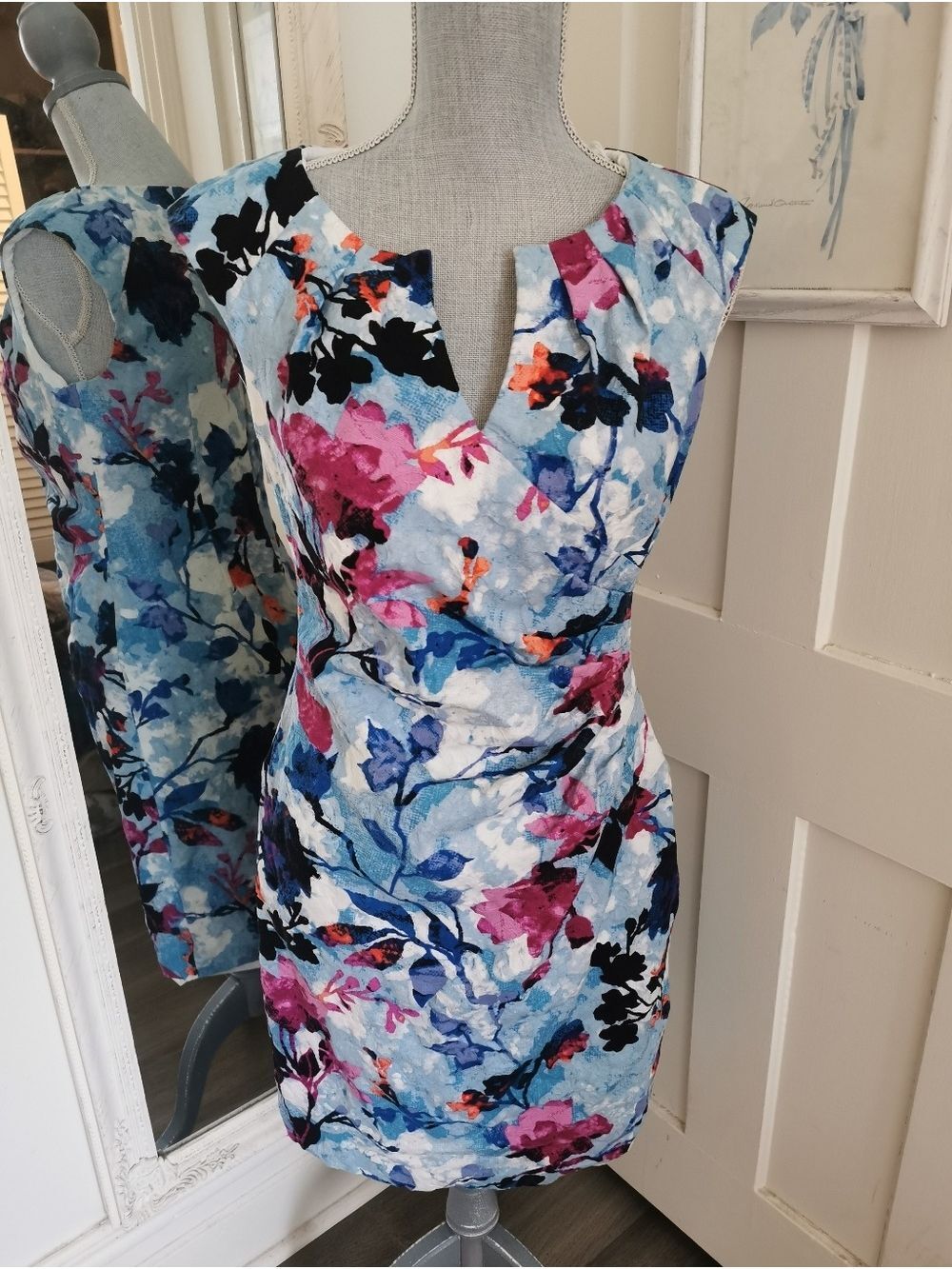 Adrianna Papell Sky Blue Floral Ruched Knit Crepe Midi Dress. Size 10